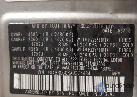 2010 Subaru Outback 2.5I Premium z USA, uszkodzony, nr VIN 4S4BRCGCXA3374434